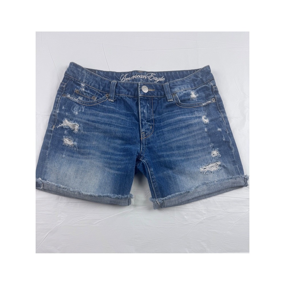 American Eagle Womens Size 2 Vintage Distressed Denim Shorts Midi Raw Hem Cotton